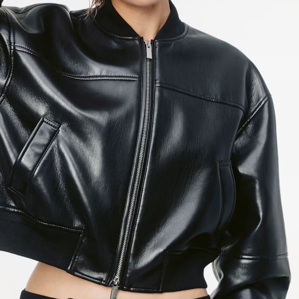 Babaton Black Cropped Leather Bomber Jacket - Picture 2 of 5